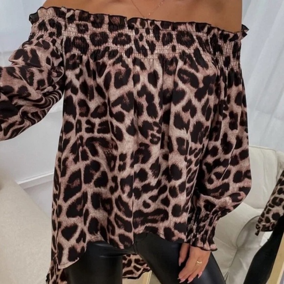 Boho tan black leopard print off shoulder high low blouse - Picture 2 of 7